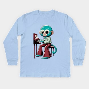 Groovy 70s Piano-Playing Monkey - Colorful Cartoon Vector Art Kids Long Sleeve T-Shirt